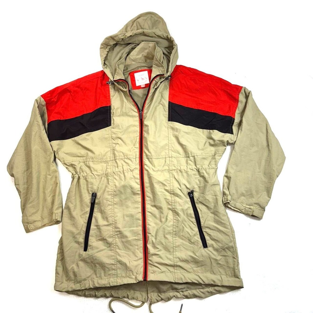 Outdoor Womens Windbreaker Sz M Beige Color Block Packable Hood Draw Cord